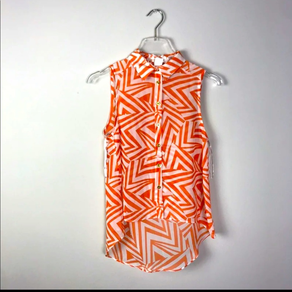 Sheer Orange And White Sleeveless Geometric Print Button-Up Top